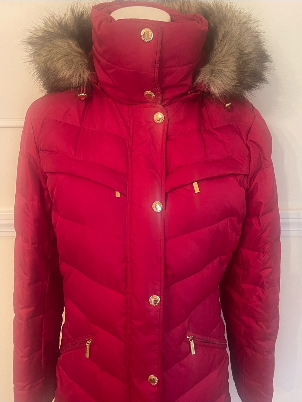 Michael Kors Red Long Quilted Puffer Coat with Faux Fur Hood